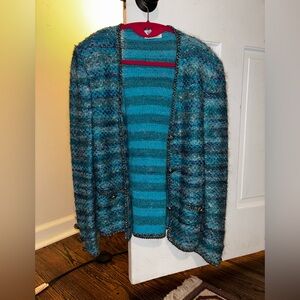 Vintage Blue and Gray Striped Cardigan